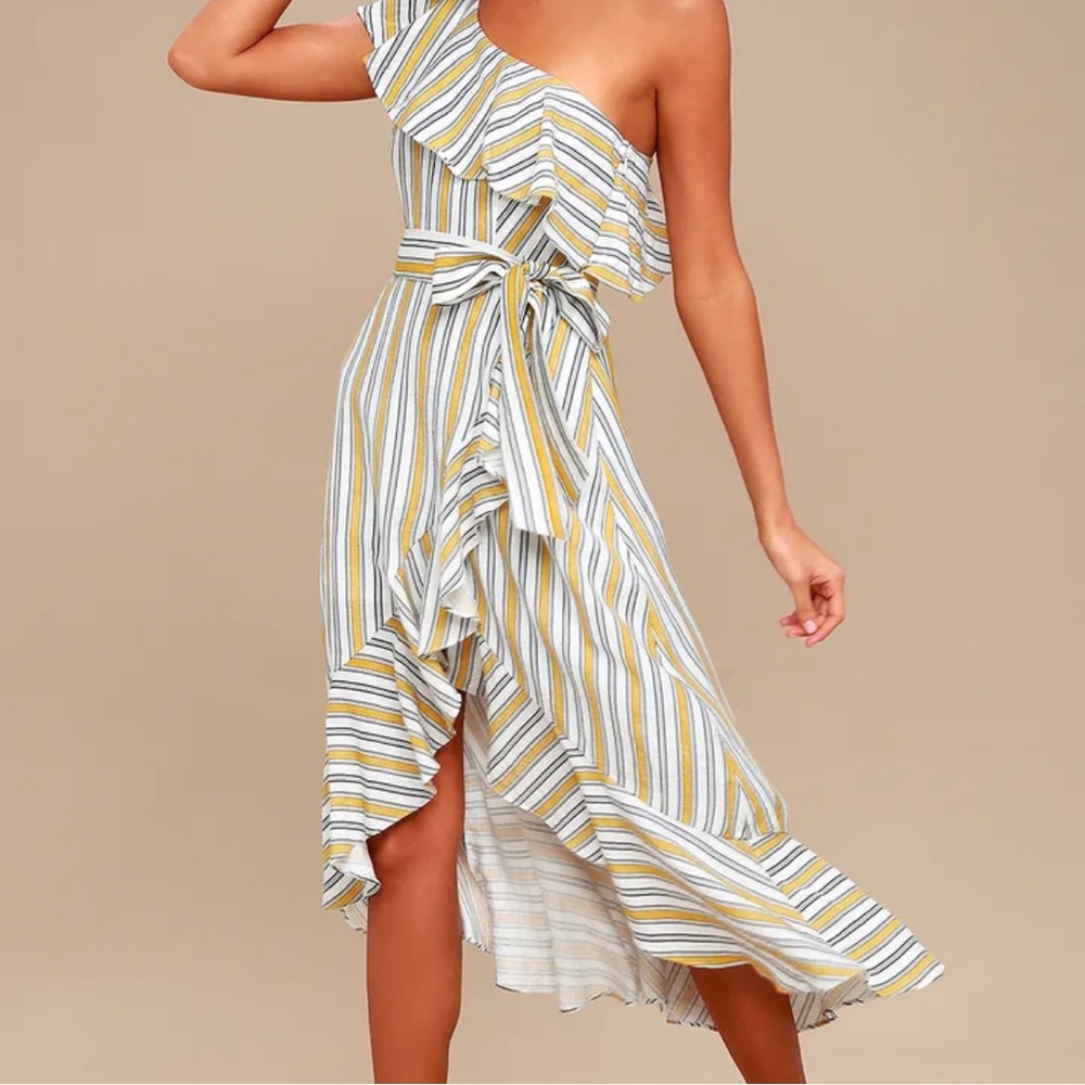 High Tide Yellow Striped One Shoulder Midi Dress Lulu’s